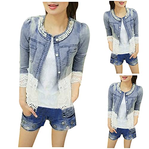 Listha Casual Coats Womens Lace Half Sleeve Denim Jacket Long Jean Coat Bead Outwear Overcoat #TOP1