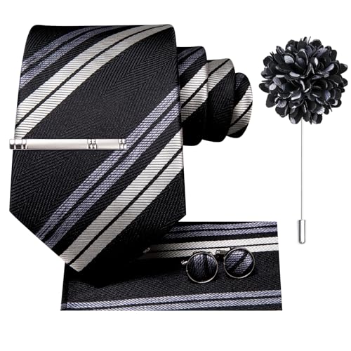 Image of Hi-Tie Formal Black Gray Striped Neckties for Men Classic Woven Ties and Pocket Square Lapel Pin Silver Tie Clip Cufflinks Set Wedding Business 6PCS