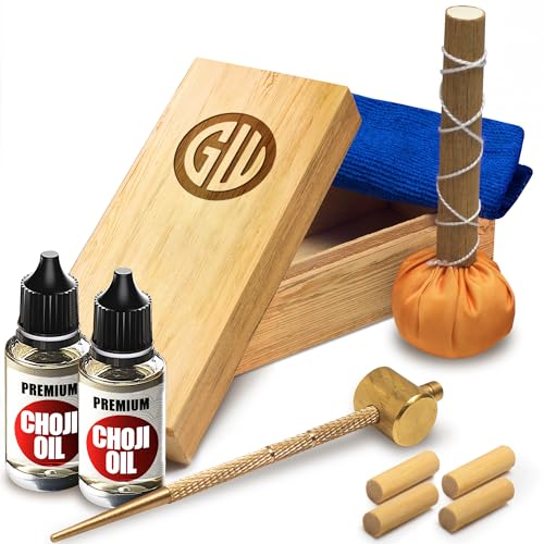 Sword Katana Knife Cleaning Kit - Maintenance Set with 2 Choji Oil - Large Microfiber - Japanese Wooden Box - Uchiko Ball - Hammer - 4 Mekugi - Care for Samurai Japanese Ninja Katanas Swords Knives