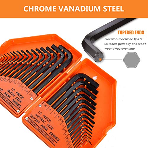 31 PCS Allen Hex Key Wrench Set Torque Rod with Helping T-handle Inch/Metric Long Arm 0.028”- 3/8” Short Arm 0.7-10mm with Portable Case URGENEX