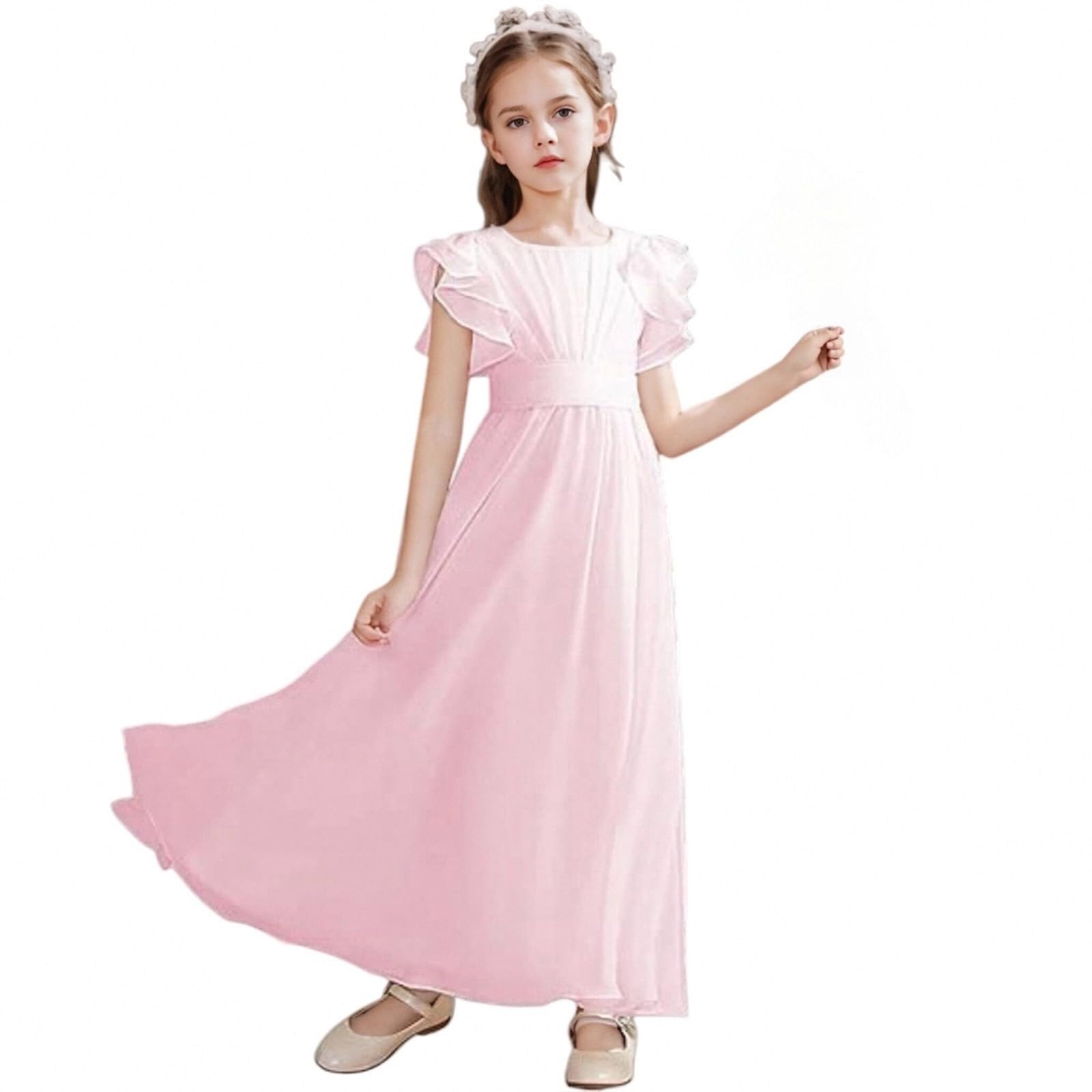 Ärmellos Rüschen Prinzessin Kleid Mädchen A-Linie Blumenmädchenkleid Elegant Plissiertes Kleider Mode Festlich Hochzeitskleid Mit Einfarbig Kommunionkleid Sommer Plisseekleid