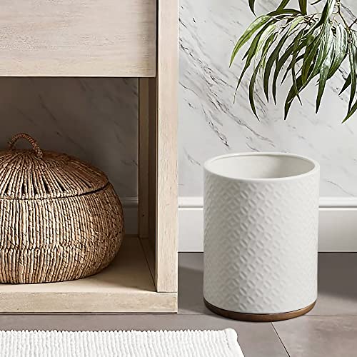 Image of Bathroom Wastebasket - Ceramic Decorative Trash Can with Wooden Base (White and Beige)