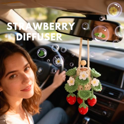 Image of ROFIGL Handmade Crochet Hanging Car Air Freshener - Cute Strawberry Plant Design, 12ml Refillable Thick Glass Bottle, Car Diffuser for Rearview Mirror, Home & Office Decor