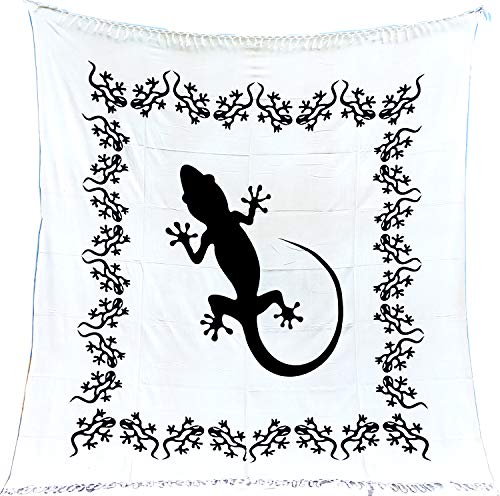 Tapiz Mandala 100% Algodón de la India con 210X240 cm Tapices Indios de Decoración Múltiples Aplicaciones: Cubrecama, Cubre sofá, Mantel, Pareo, Foulard, Picnic, Toalla Playa (Lizard, Blanco/Negro)