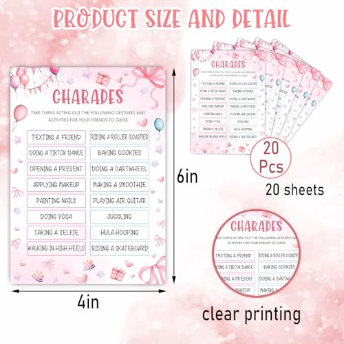 Image of Pink Slumber Party Games Card - Coquette Pink Bow Themed Sleepover Slumber Party Supplies- Birthday Night Games Creative Idea -Sleepover Stuff- Charades- 20 Game Cards