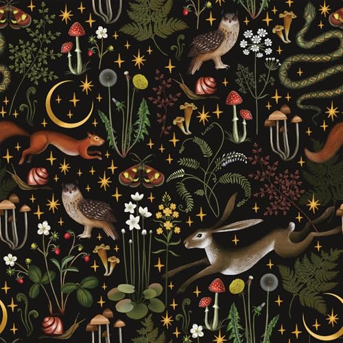 VEELIKE Black Fairy Forest Wallpaper Peel and Stick Vintage Woodland Wallpaper for Nursery Kids Room 17.7''x118'' Dark Mushroom Wall Paper Mural Self Adhesive Flower Contact Paper for Cabinets Walls