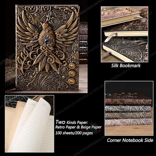 Image of Alokik Enterprise 3D Phoenix Bronze Dnd Vintage Leather Journal Writing Notebook With 200 Pages A5 Antique Handmade Diary,Travel Diary & Notebooks To Write In, Gift For Unisex