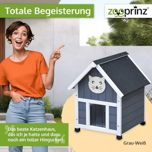 zooprinz Holz Katzenhaus im skandinavischen Look – Katzenkiste mit Dach aus Bitumen – Wetterfest in grau-weiß lasiert für Garten/Balkon – Innen- und Draußen Hütte – Katzenbox