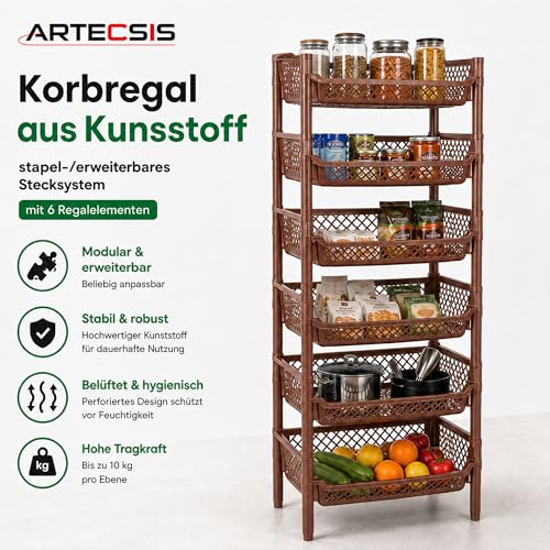 ARTECSIS® Korbregal Kunststoff 6 Regal-Etagen stapelbar & modular braun – Ansicht 2