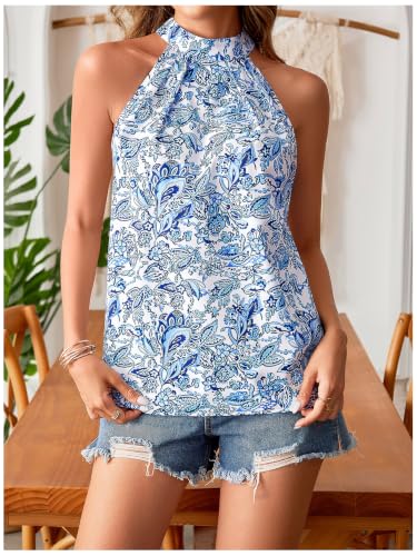 Image of RoseSeek Women's Tropical Paisley Halter Blouse Boho Shirt Vacation Tops | Polka Dots Print, Halter Tops, Summer Tops, Going Out Tops, Beach, Dressy Tops, Boho Blouses