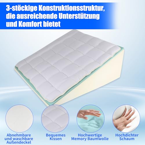 LPQKCcY Keilkissen Bett, 3 Lagen mit Memory-Schaum Top, Weichem Kissen, Lesekissen für Bett und Couch, Schaum Reflux Kissen, Rückenkissen Rückenlehne, zur Schlafapnoe, Lesen, Rückenschmerzen