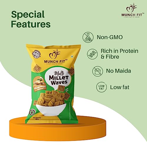 Image of Munch Fit Healthy & Tasty Pani Puri Flavour Millet Snacks | Millet Waves | Roasted, Healthy & Tasty Snack for Office Party Snack | 100% Veg, High Fibre, Gluten Free, Non Fried | Pack of 8x50g each