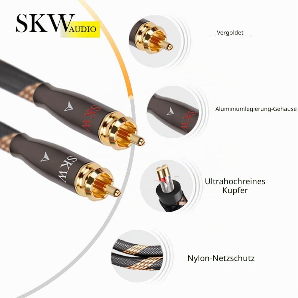 SKW Audiophiles Cinch Audio Kabel, 2 x Cinch zu 2 x Cinch Kabel mit OD 6mm Audiophile Cinch-Kabel (1M, Schwarz)
