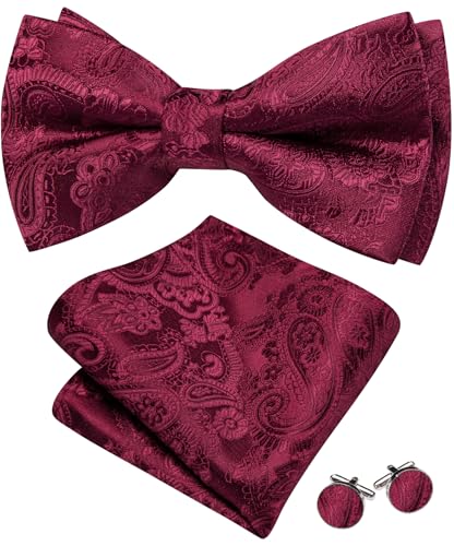 Image of YOHOWA Paisley Striped Men Bow Tie Pre-Tied Formal Adjustable Colorful Bowties Handkerchief Cufflinks Set Wedding Party
