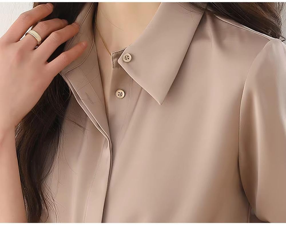 Women's Satin Shirt Office Lady Long Sleeve Solid Blouse Classic White Top