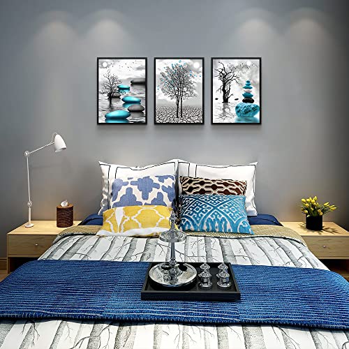 Black Framed Canvas Wall Art for Living Room Wall Decor for Bedroom Bathroom Black and White Paintings Modern 3 Piece Framed Canvas Art Prints Ready to Hang Abstract Blue Pictures Home Decorations