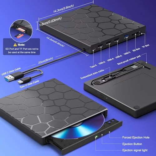 CLUSPEX External CD /DVD Drive for Laptop, DVD Player for Laptop, 8 in