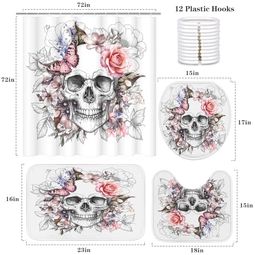 Britimes 4 Piece Shower Curtain Sets, Skull Flower with Non-Slip Rugs, Toilet Lid Cover and Bath Mat, for Bathroom Decor Set, 72" x 72"