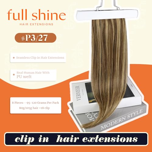 Image of Full Shine Clip in Human Hair Extensions 16 Inch Dark Brown with Honey Blonde Highlights Straight Seamless Human Hair Clip in for Women Add Volume 8 PCS 120 G | Balayage Ash Brown to Honey Blonde, Straight, Seamless Ultra-Thin Weft, Adds Volume, Heat Styling, Daily Wear, 8 Pcs 120g