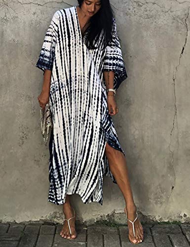 Bsubseach Women Black White Beach Kaftan Dresses Half Sleeve Plus Size Bathing Suit Cover Ups Caftan Dresses #TOP2