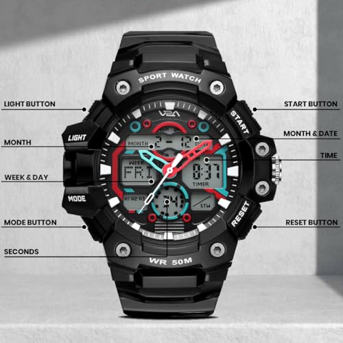 Image of V2A Stryke 53mm Analog Digital Sports Watch for Men | 3 Alarms & Countdown Timer | Layered Multi-Display Dial | Stopwatch, Dual Time, Day-Date | TPU Strap | 50M Water Resistant | Gift for Men