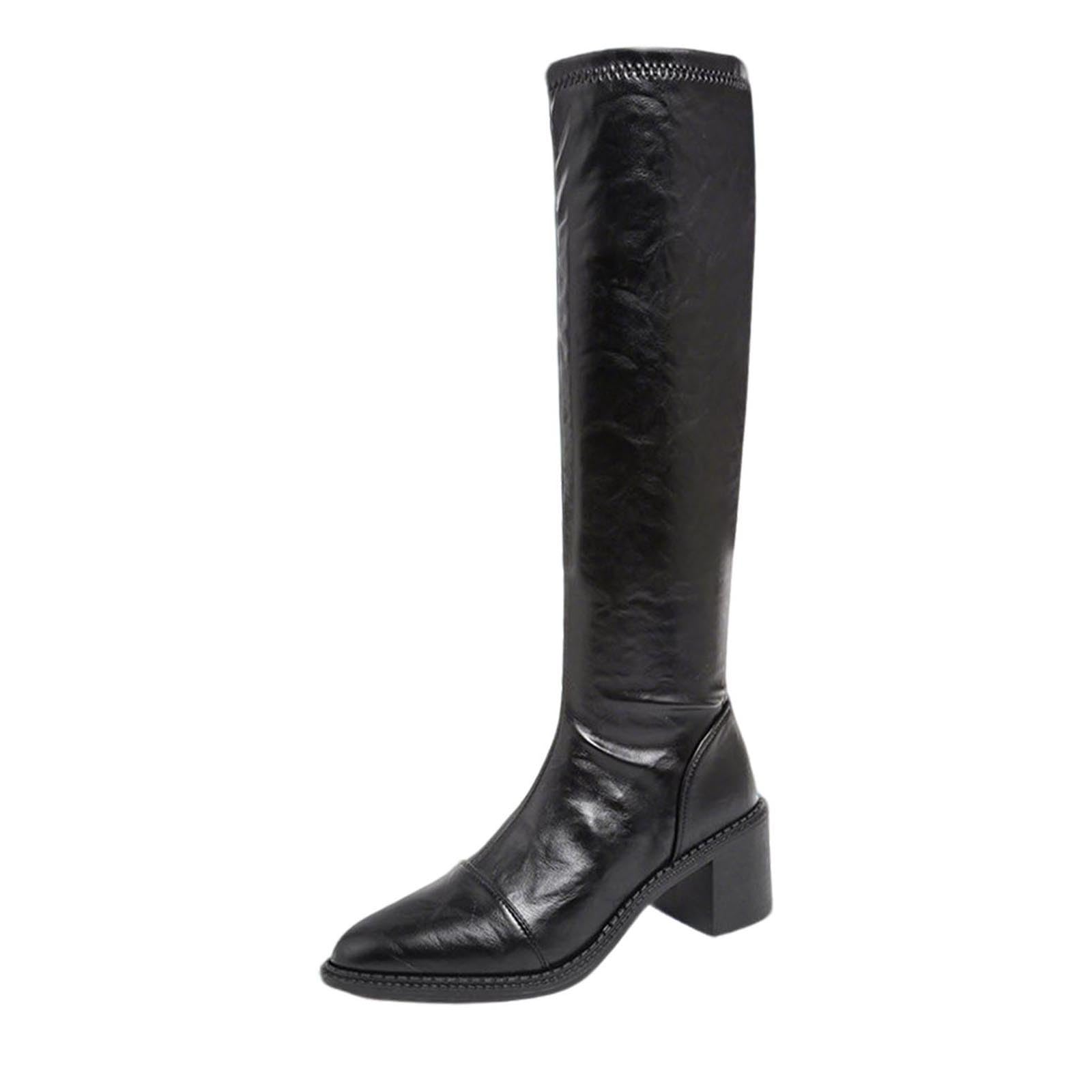 Womens Knee-Length Boots with Splicing Pointed Toe and Thick Heel for Winter Casual Wear
