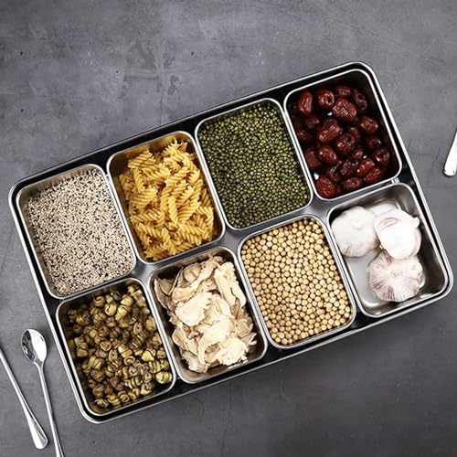Gewürzbox, Abnehmbare 8 Fächer Edelstahl Gewürzbox Aufbewahrungsbehälter für Gewürze mit Löffel für Zucker Salz Kardamom Zimt Tee Kräuter Küchenutensilien