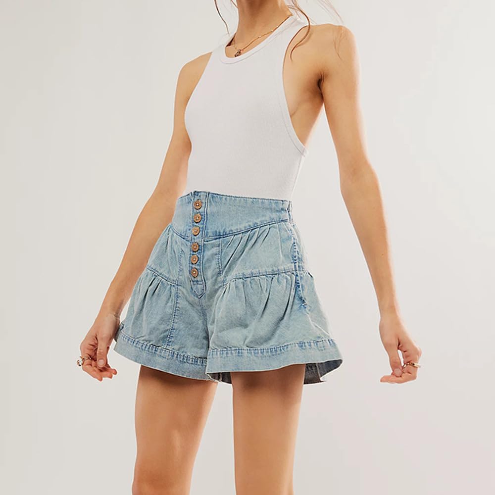 utcoco Women's 2025 Denim Shorts Casual Summer High Waisted Wide Leg Buttons Pleated Ruffle Jean Shorts