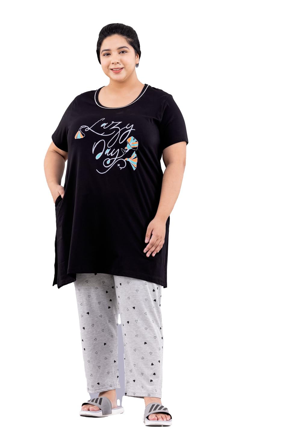 CUPID Women's Printed Cotton Night Dress, Loungewear, Nightwear, Night Suit, Daily Use Top and Pyjama Set with Pocket for Ladies, L to 7XL