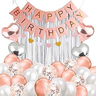 Kiero Birthday Party Decoration Set including Silver Foil Curtain, Pink & Gold Happy Birthday Bunting, Heart Banner, Silver & Rose Gold Heart Foil Balloons, Rose Gold, White Latex & Confetti Balloons