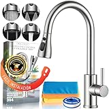 BRAVELL Grifo Cocina Extraible, Grifo Cocina Fregadero con 4 Modos Giratorio 360° Torneira Cozinha Monomando, Acero Inoxidable Mate, Latiguillos 3/8, Instalación Fácil y Completa