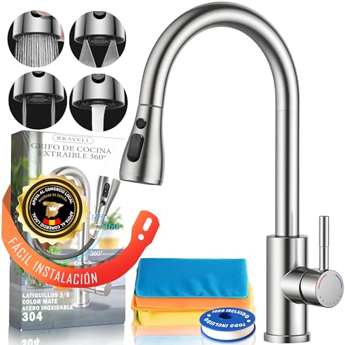 BRAVELL Grifo Cocina Extraible, Grifo Cocina Fregadero con 4 Modos Giratorio 360° Torneira Cozinha Monomando, Acero Inoxidable Mate, Latiguillos 3/8, Instalación Fácil y Completa