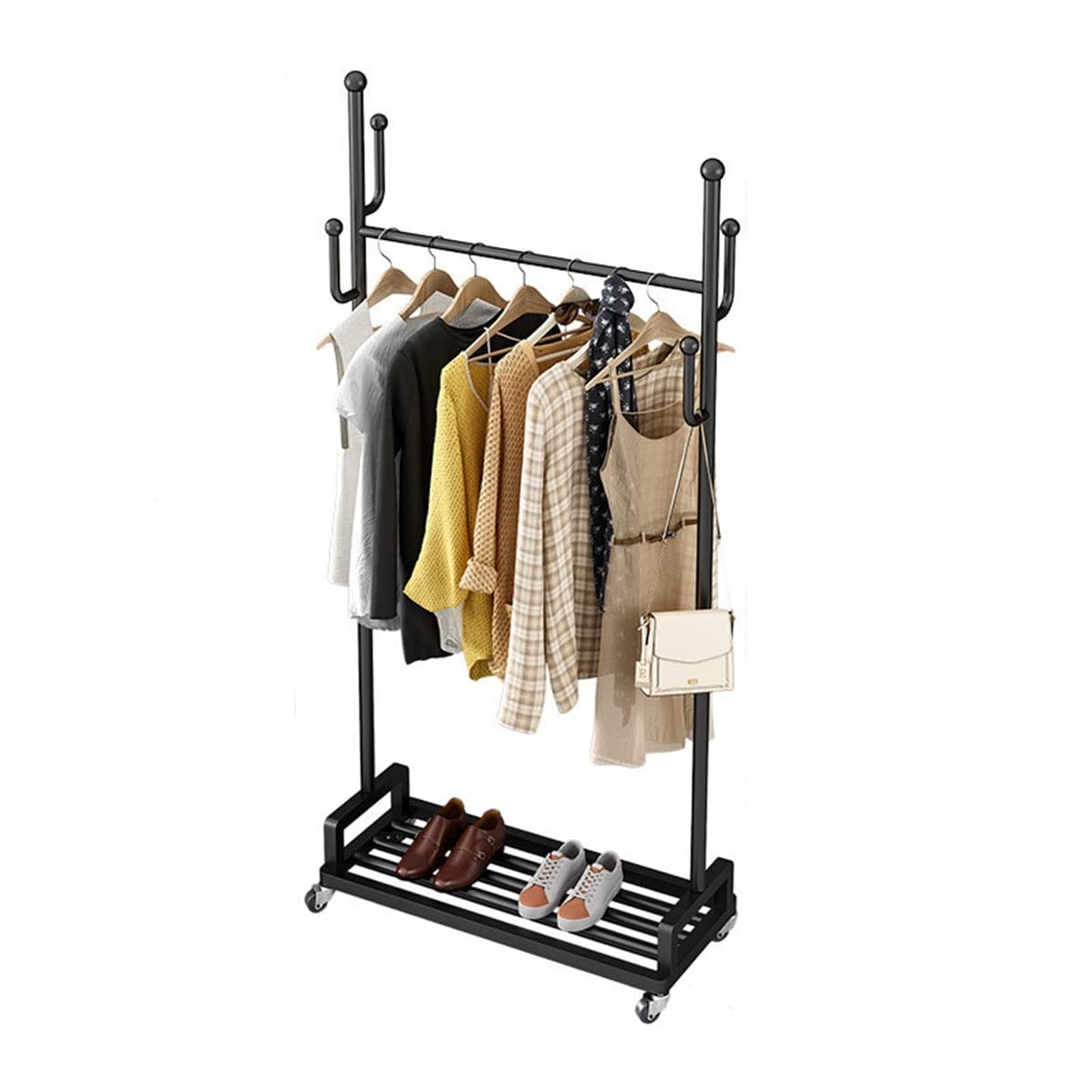 YNBSHGAA Metal Clothing Racks Rolling Garment Rack, Garment Rack Freestanding Hanger with Side Hooks and Lockable Wheels for Hanging Clothes/Gold/60Cm,Black-80Cm