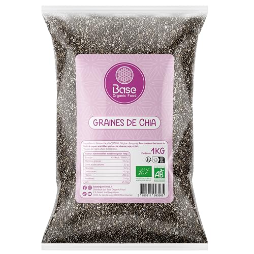 Graines de Chia Bio 1KG | Vegan | Conditionné en France | Cuisine | Desserts | Pâtisserie | Neutre en goût | Sans OGM | BASE ORGANIC FOOD