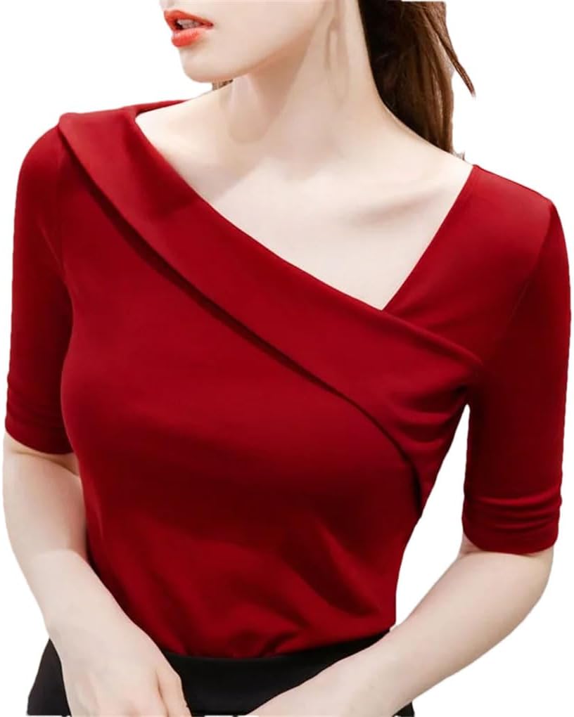 Women's Short-Sleeved Slim-Fitting Top with Slanted Collar