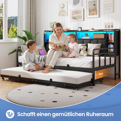 Brinlawb Schlafsofa mit Ausziehbett, Tagesbett 90x200/180x200 cm mit LED Beleuchtung & Ladestation (2 AC-Steckdosen + 2 USB-Anschlüsse), Ausziehbares Bett Praktisches Gästebett für Wohnzimmer, Schwarz
