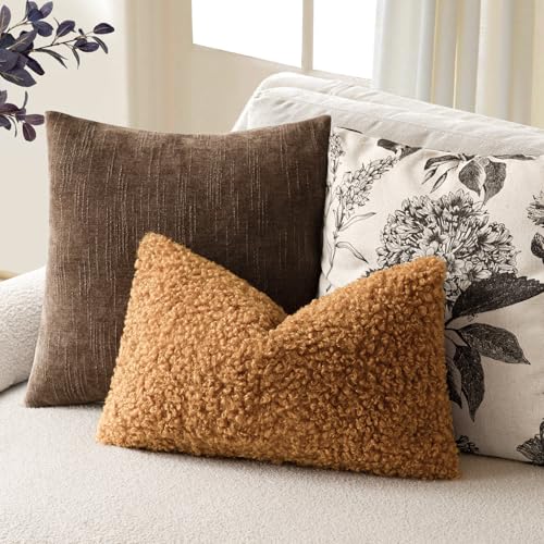 Image of Foindtower Set of 2 Curly Teddy Wool Pillow Covers Decorative Boucle Textured Lumbar Throw Pillow Faux Fur Sherpa Pillowcases Sheepskin Fuzzy Cushion Case for Sofa Bedroom Car 12 inchx20 inch Orange