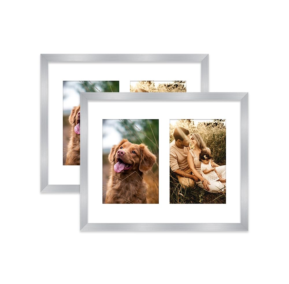 Silver Multi Photo Frame - Holds 2 x 6x4 Pictures, Family Collage Picture Frame for Wall Display, 10x8 Frame size, Set of 2
