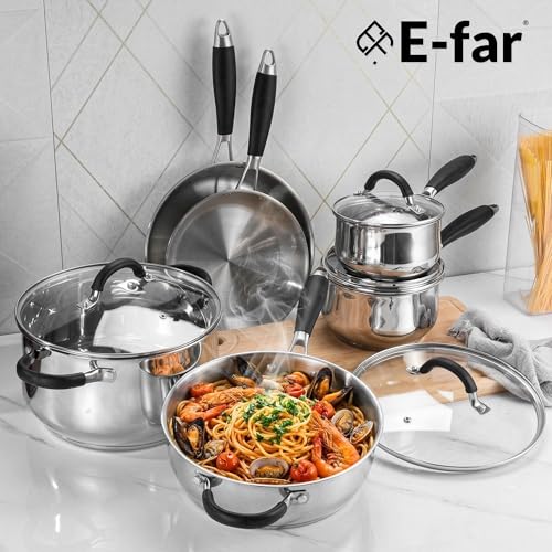 Image of E-far Stainless Steel Cookware Set - Induction Tri-Ply Base Pots and Pans, 10-Piece Non-Toxic Kitchen Cooking Set w /Stay-Cool Handle, Frying Pans, Saucepans, Stockpot with lid, Oven & Dishwasher Safe