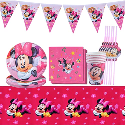 Forninc Vaisselle Anniversaire Minnie,Assiette Minnie Set,Set Vaisselle Anniversaire Fille Minnie,Assiette Minnie Rouge Anniversaire,Nappe Minnie Anniversaire,Décorations Minnie Mouse pour Enfants.