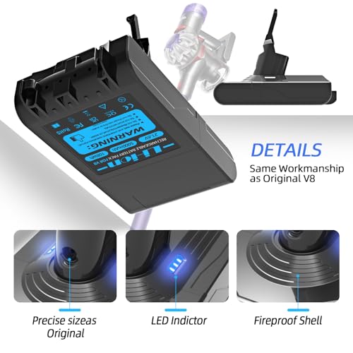 Image of 21.6V 5.0Ah 5000mAh V8 Battery Replacement Compatible with Dyson V8 Animal /Absolute /Motorhead /Fluffy /SV10 Carbon Fiber Cordless Vacuums, with 1 Pre-Filter 1 Post HEPA Filter 1 Cleaning Brush