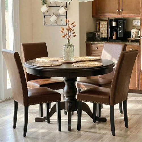 LSSBOUGHT Waterproof & Stain-Resistant Dining Chairs Set of 4, Upholstered Faux Leather Kitchen Chairs with Solid Wood Frame, 300LBS Capacity Armless Dining Room Chairs for Small Spaces, Brown