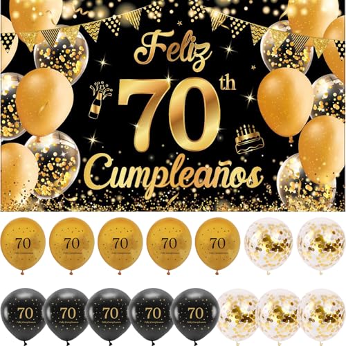 (1+15) Decoração para aniversário 70 escrita em espanhol 1 bandeira feliz aniversário 70 decoração 70 anos preto ouro Happy Bithday fundo cartaz com 15 balões para aniversários ornamentos kit para