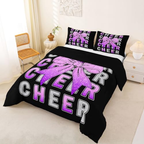 Image of Feelyou Bowknot Cheer Comforter Set Full Size Cheerleading Bedding Set for Kids Boys Girls Pink Purple Glitter Cheerleader Duvet Quilt Cheer Bow Bedroom Decor Microfiber 3 Pcs with 2 Pillow Cases