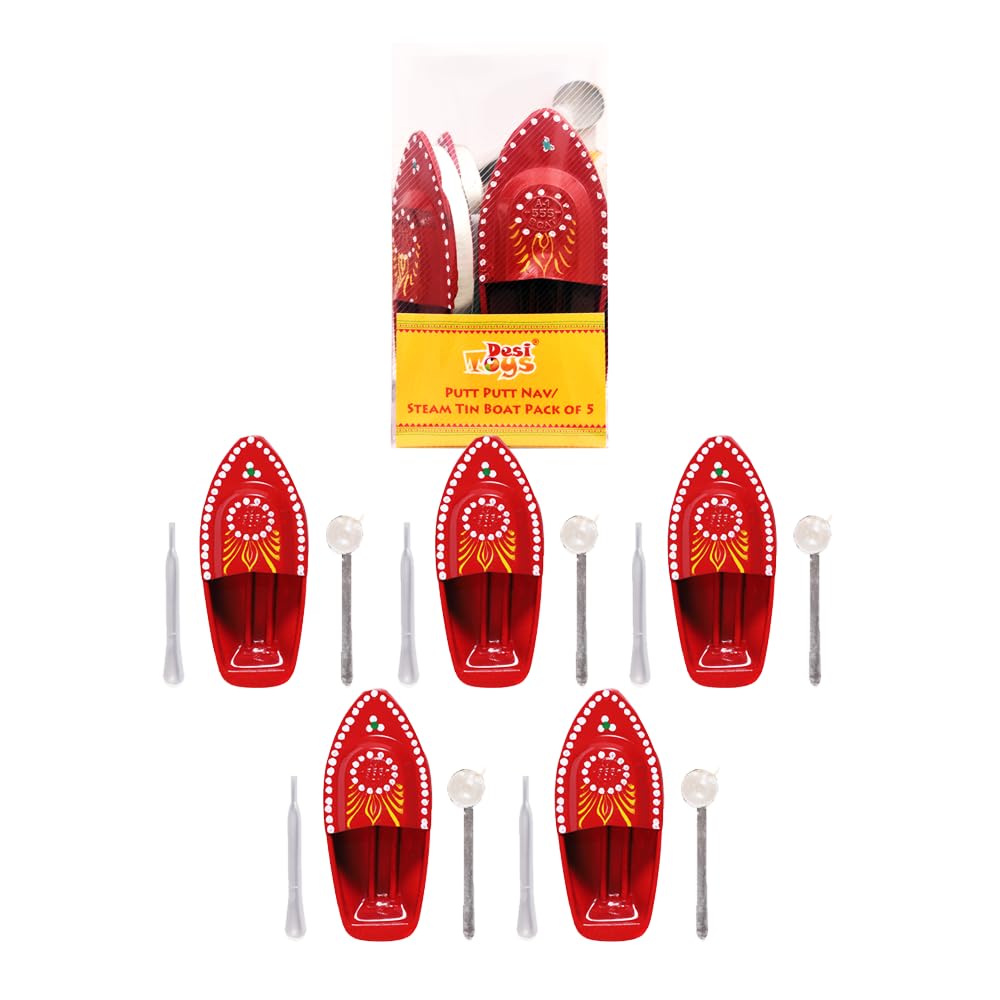 Desi Toys Putt Putt NAV|5 Pack|Pop Pop Steam Boat|Classic Indian Toy|Nostalgic Tin Water Toy|Free Candle & Pipette|Supported by Flame|‎Size - 6" x 2.7" x 1.6"
