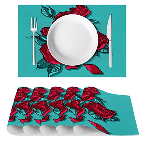 Sets de table lavables en tissu Oxford résistant chaleur roses rouges - 3