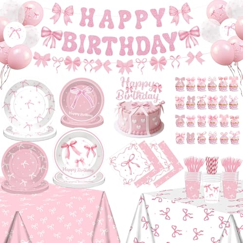 Pink Bow Birthday Decorations 235Pcs Party Decorations Set for Women & Girls Supplies Serve 24 Include Bow Plates Napkins Cups Banner Tablecloth Cake Topper Balloons Bow Theme Tableware Backdrop Decor by Meguru - Used condition - US$19.18