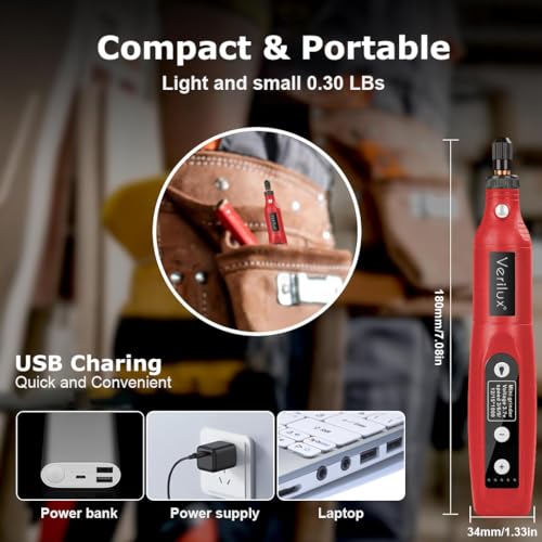 Image of Verilux 50Pcs USB Rechargeable Rotary Tool Kit, 3.7V Cordless Mini Drill Machine with LED Light, 5-Speed Adjustable Motor for DIY Engraving, Polishing & Soft Material Drilling, for Home Crafting, Red