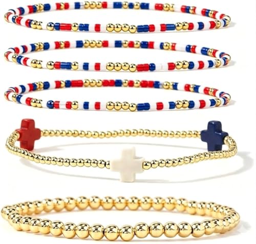 SHINUS BOHO 4th of July Bracelet Stack for Women,Dainty Gold Beaded Cross Patriotic Bracelets Set,Elastic Red White Blue Tiny Beads Usa Bracelet,Trendy Fourth of July Independence Day Accessories Gifts