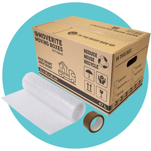 MoveRite Large Strong Cardboard Moving Boxes with Bubble Wrap & Tape Pack of 10 (47 litres 52cm x 30cm x 30cm) Removal Boxes for Moving House Packing & Storage Cartons by Triplast